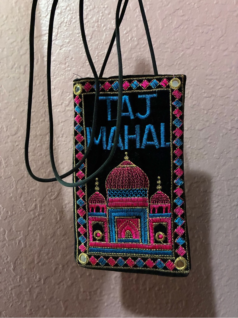 Handmade Taj Mahal Embroidered Crossbody Passport Bag Travel Pouch